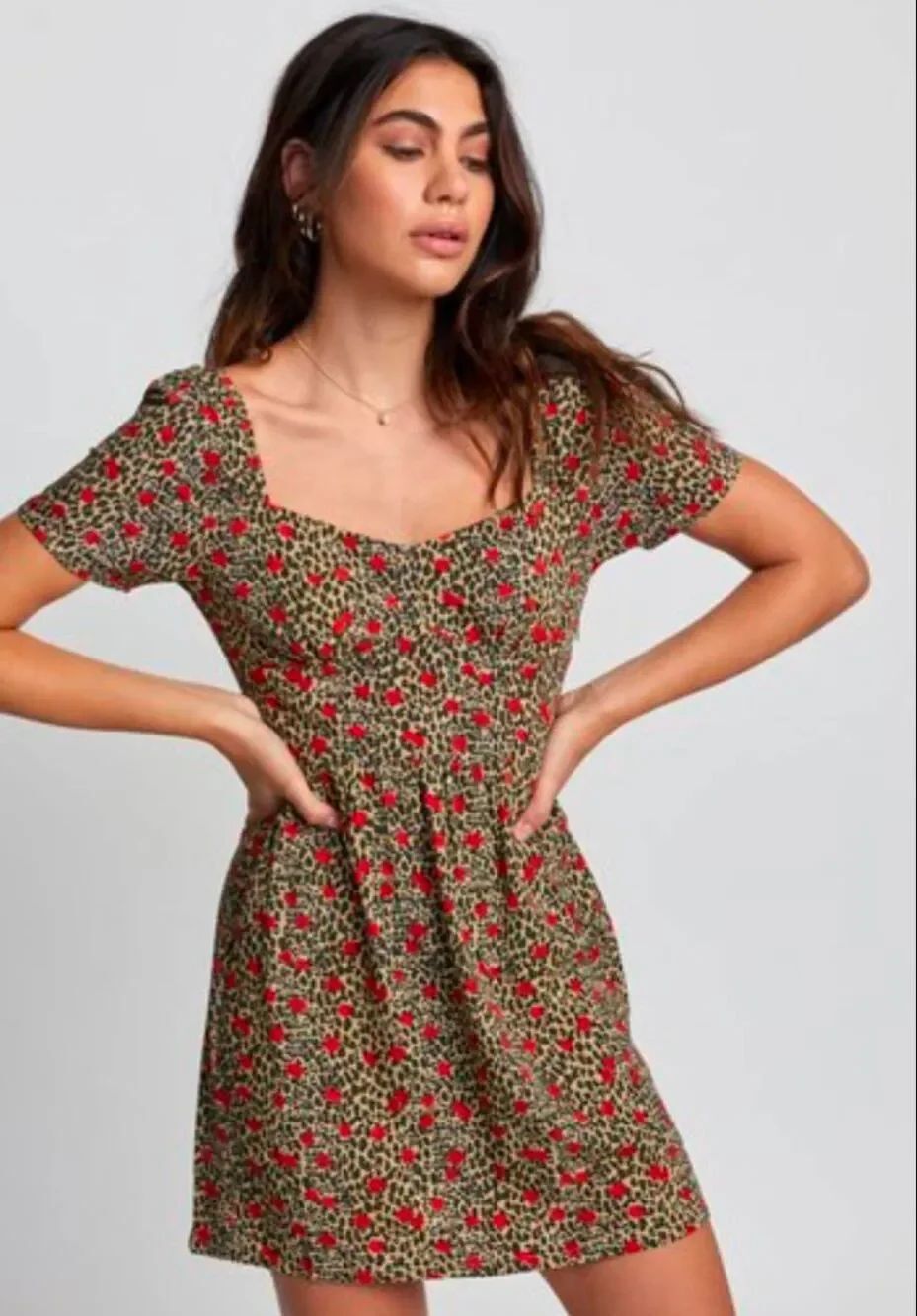 RVCA Short Sleeve Mini Dress Animal Print Roses Rayon Fitted 1